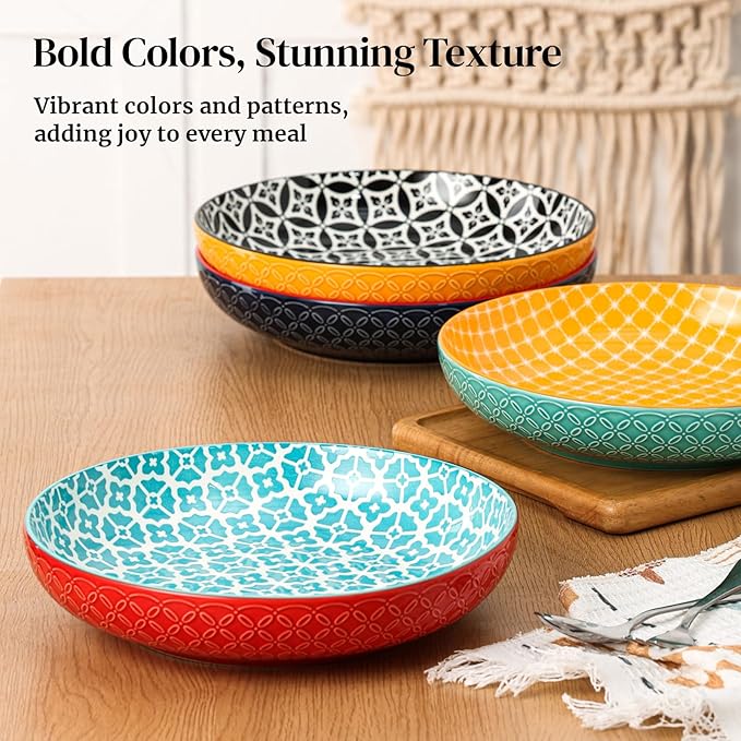 DOWAN 10" Vibrant Pasta, Salad & Soup Serving Bowls Set of 4, Embossed Large Porcelain Ceramic, Microwave & Dishwasher Safe, Bonita Design Dinnerware Dishes for Daily Dining, Family Gatherings, Party
