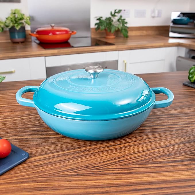 Shallow Cast Iron Casserole with Lid – Non Stick Dutch Oven Pot, Oven Safe up to 500° F – Sturdy Ovenproof Stockpot Cookware – Enamelled Cooking Pot – Blue, 5-Quart, 32cm – by Nuovva