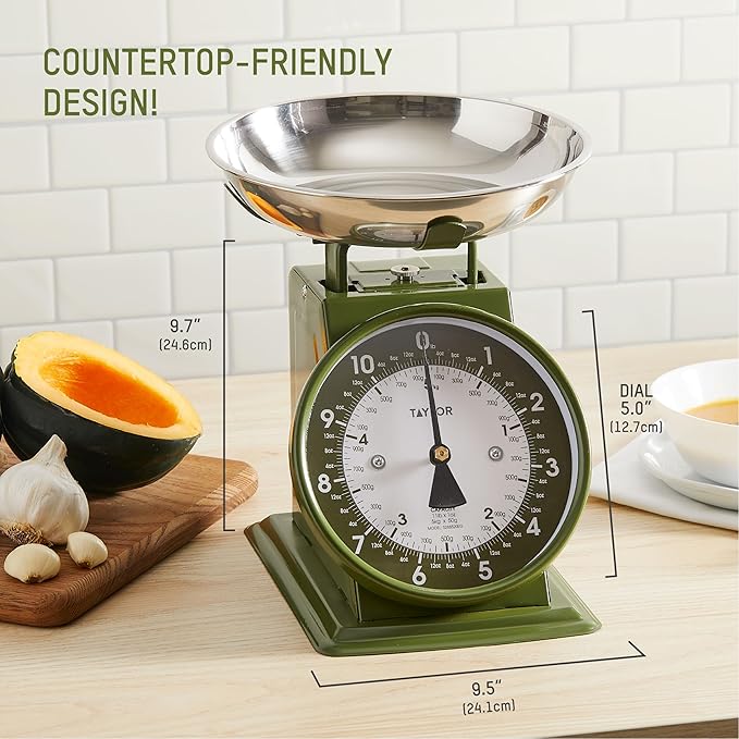 Taylor Mechanical Kitchen Weighing Food Scale with Bowl, Weighs up to 11lbs, Measures in Grams and Ounces, Food Scales for Kitchen, Green