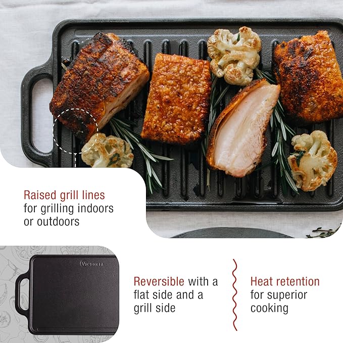Victoria Rectangular Cast Iron Griddle. Double Burner Griddle, Reversible Griddle Grill, 13 x 8.5 Inch, Seasoned with 100% Kosher Certified Non-GMO Flaxseed Oil, Model: GDL-189