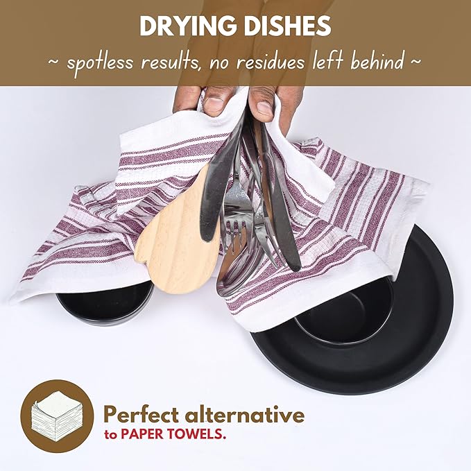 Native Fab Kitchen Dish Towels 16x26 inches - Set of 12 - Basket Weave 100% Cotton Striped Tea Towels, Wash Cloths for Drying Dishes, Absorbent Hand Towels with Hanging Loop - Burgundy