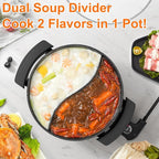 Stariver 6L Electric Hot Pot with Divider - Dual-Flavor Fondue & Shabu Shabu Pot, 1360W with 5-Temp Control, Non-Stick & BPA-Free, Perfect for Family Dinners & Parties