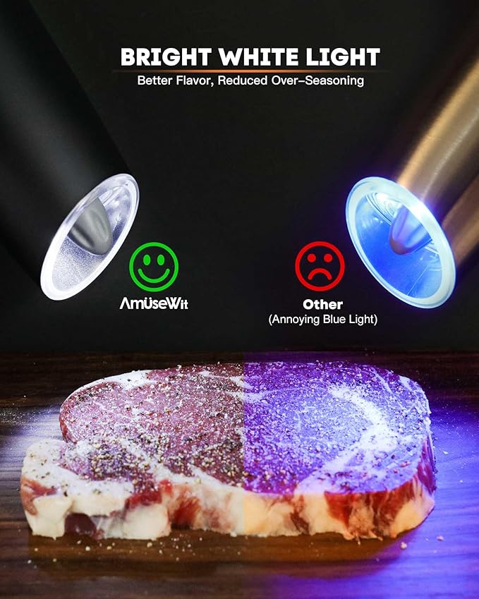AmuseWit Electric Gravity Pepper Mill or Salt Grinder Mill [White Light] - Battery Operated Automatic Pepper Grinder with Light, Adjustable Coarseness, One Handed Operation, Cleaning Brush, Black