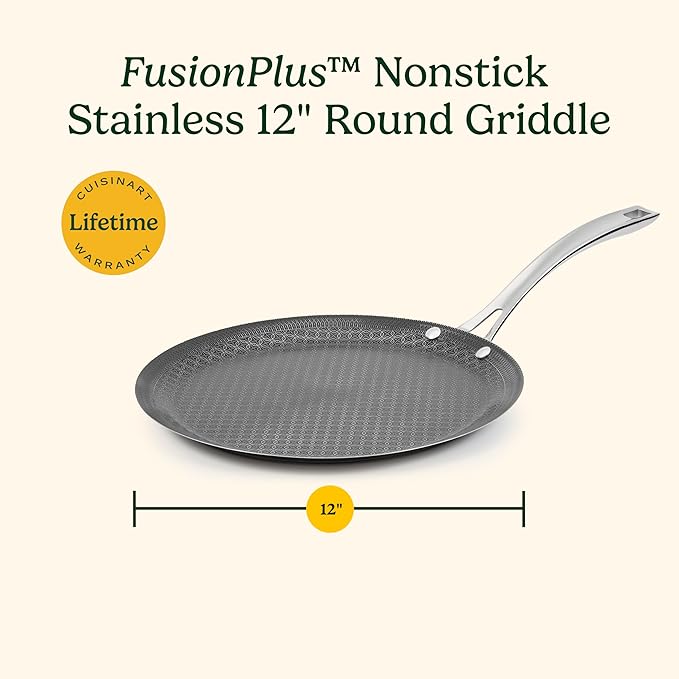 Cuisinart FusionPlus Nonstick Stainless Steel Cookware, 12-Inch Round Griddle Pan with PFAS-Free PURELYSEAR Ceramic Technology, Scratch Proof, Cool Grip Handles, Dishwasher Safe