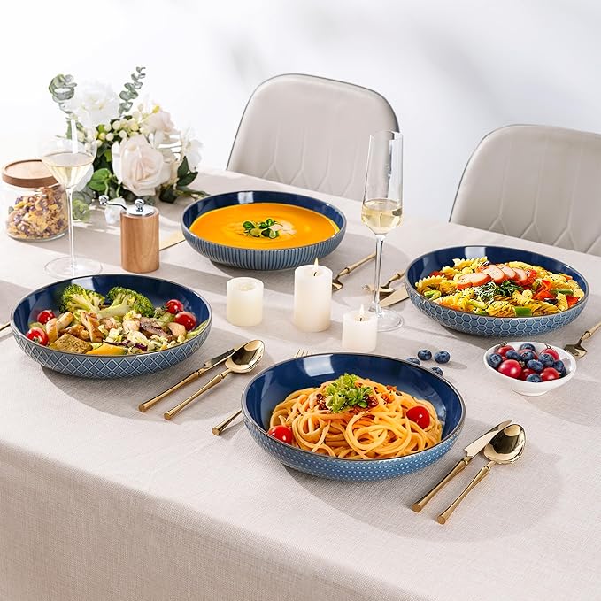 GBHOME 9.5'' Large Pasta Bowls, 42 Ounce Stoneware Salad Bowls for Kitchen, Ceramic Serving Bowls With Textured Pattern for Pasta,Fruit, Stews,Noodle, House-warming Gift, Set of 4-Moonlight Blue