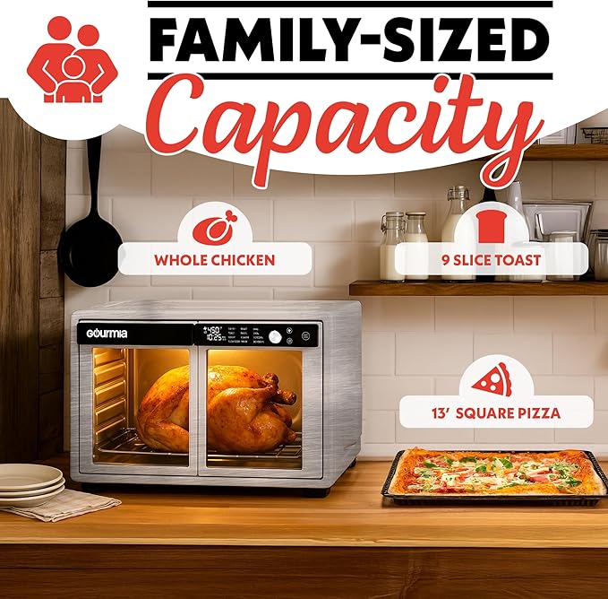 Gourmia French Door Digital Air Fryer Oven - 25-Quart XL Capacity, 12 Presets, Touchscreen, FryForce 360° Tech, Dehydrate, Proof, Slow Cook, Fits 13” Pizza, 1700W, Stainless Steel