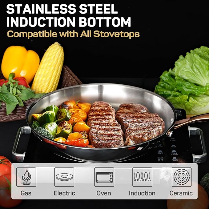 12 Inch Tri-Ply Stainless Steel Frying Pan with Brass Cool Handle, Professional Quality Skillet Suitable for All Stove, Oven and Dishwasher Safe, PFOA PTFE PFOS Free, Fast and Even Heating