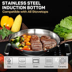 12 Inch Tri-Ply Stainless Steel Frying Pan with Brass Cool Handle, Professional Quality Skillet Suitable for All Stove, Oven and Dishwasher Safe, PFOA PTFE PFOS Free, Fast and Even Heating