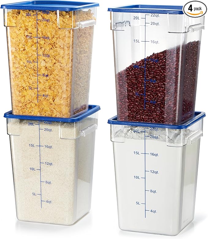 CURTA 4 Pack Food Storage Containers with Blue Lids - NSF Listed Commercial Grade in 22.0 Qt - Square, Clear, Polycarbonate