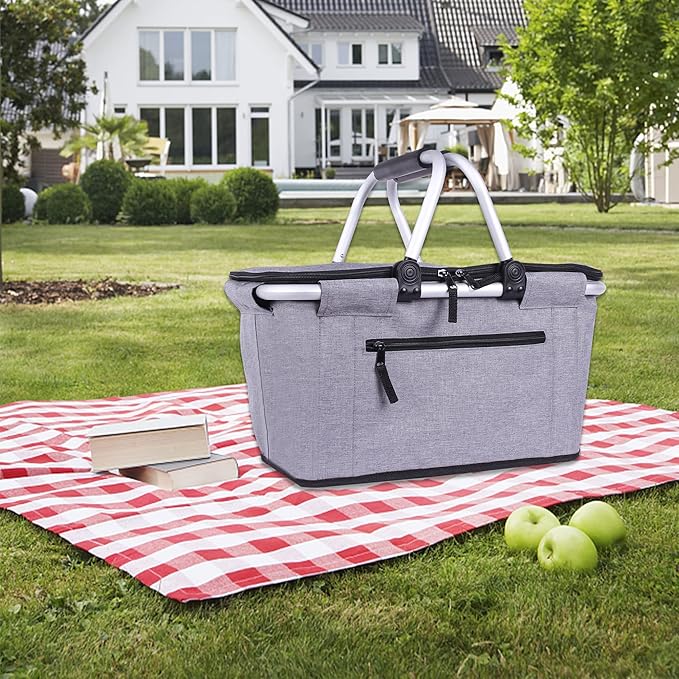 Picnic Basket, SIYUAN Collapsible Shopping Basket Insulated with 2 Handles 27L Large Cooler with Lid Portable Folding Grocery Market Tote Bag, Grey