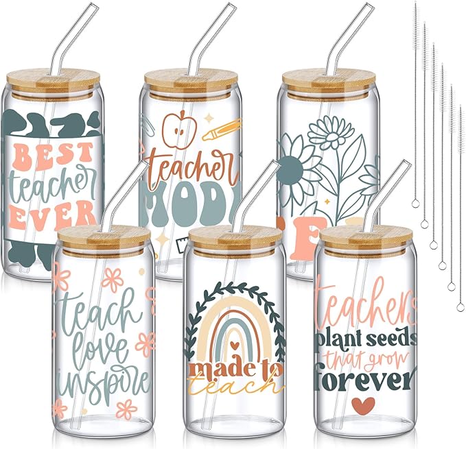 6 Pcs Teacher Gifts for Women Bulk 16 oz Christmas Teacher Appreciation Glass Cups with Bamboo Lid and Glass Straw Can Shaped Drinking Cups for Party Favor Supplies