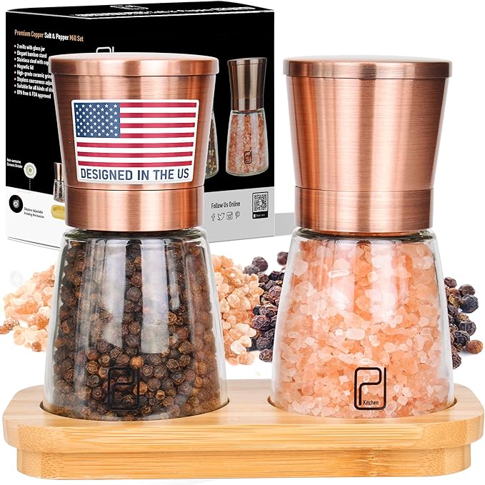 Premium Salt and Pepper Grinder Set w/Bamboo Holder - 6 oz, Copper Stainless Steel - S&P Spice Shakers - Refillable & Adjustable Coarseness Hand Mill for Spices & Seasonings - by PJC-Kitchen
