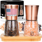 Premium Salt and Pepper Grinder Set w/Bamboo Holder - 6 oz, Copper Stainless Steel - S&P Spice Shakers - Refillable & Adjustable Coarseness Hand Mill for Spices & Seasonings - by PJC-Kitchen