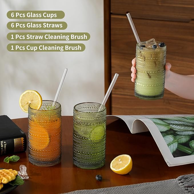 Vintage Hobnail Drinking Glasses Set of 6, 16 oz Large Capacity Embossed Green Tumblers, Highball Glasses for Water, Cocktail, Beer, Whiskey, Kitchen & Bar Use