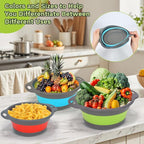 Collapsible Silicone Colander Set 3-Piece - Space-Saving Kitchen Strainer for Pasta & Spaghetti, Fruit & Veggies, Dishwasher Safe, Multi-Color Sizes for Camping, RV & Small Kitchens