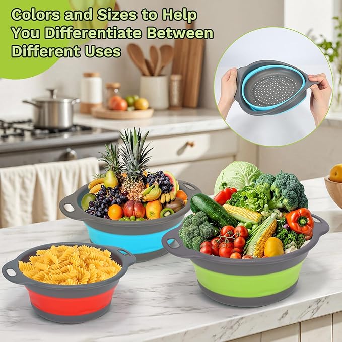 Collapsible Silicone Colander Set 3-Piece - Space-Saving Kitchen Strainer for Pasta & Spaghetti, Fruit & Veggies, Dishwasher Safe, Multi-Color Sizes for Camping, RV & Small Kitchens