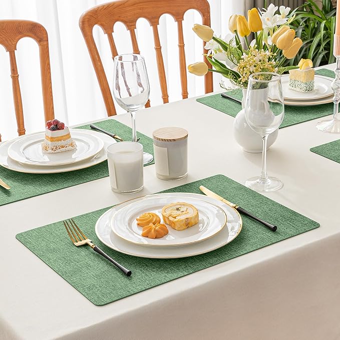 Romanstile Vinyl Placemats Set of 12-12 X 18 Inch - Heat Resistant Place Mats 100% Waterproof Oilproof Wipeable Reversible Faux Leather Table Mats for Kitchen/Dining/Party/Outdoor, Dark Green