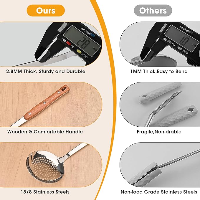 FJNATINH Wok Utensils Tools - 6 PCS Stainless Steel Kitchen Cooking Utensils Set, Include Wok Spatula, Soup Ladle, Skimmer, Spaghetti Server, Slotted Turner and Solid Spoon, Heat Resistant
