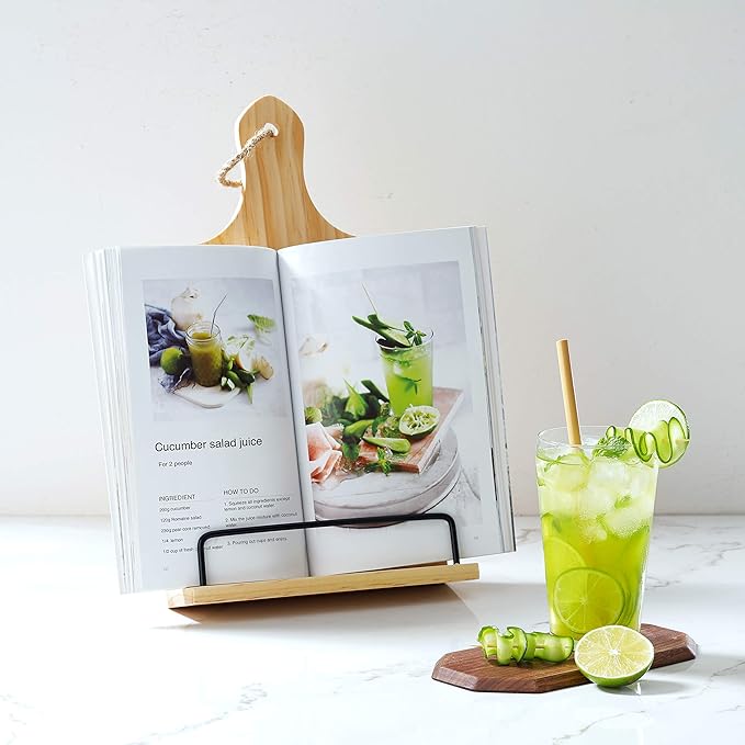 Cookbook Stand, Rustic Wood Cookbook Holder Cutting Board Style, Adjustable Recipe Ipad Tablet Book Holder and Stand for Kitchen with Anti-Slip Kickstand (Natural Wood Color)