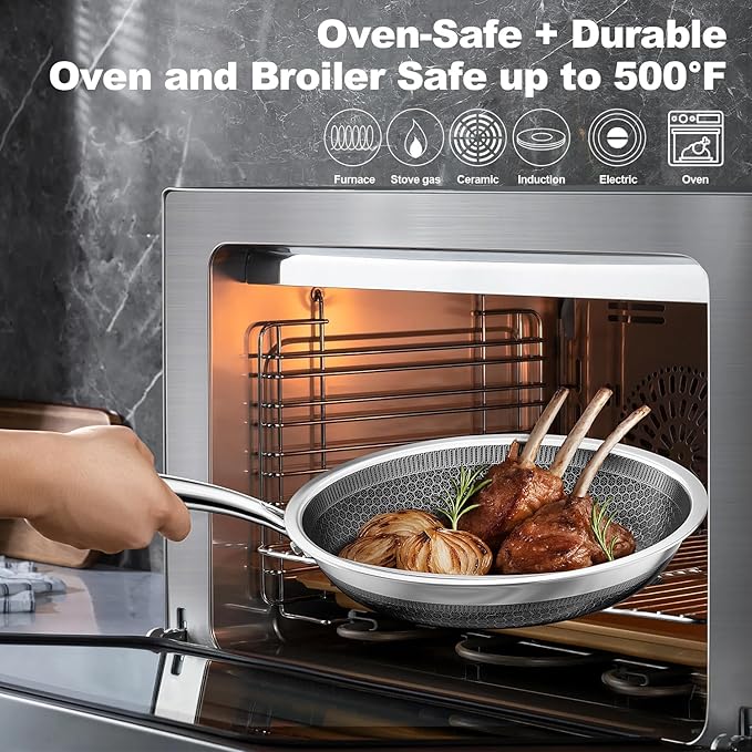 FogDream 10“11” Stainless Steel Pan, Non Stick Frying Skillet with Lid, Tri-Ply Stainless Steel for All Cooktops, Dishwasher and Oven-Safe Cooking Pan, Stay-Cool Handle, Silver