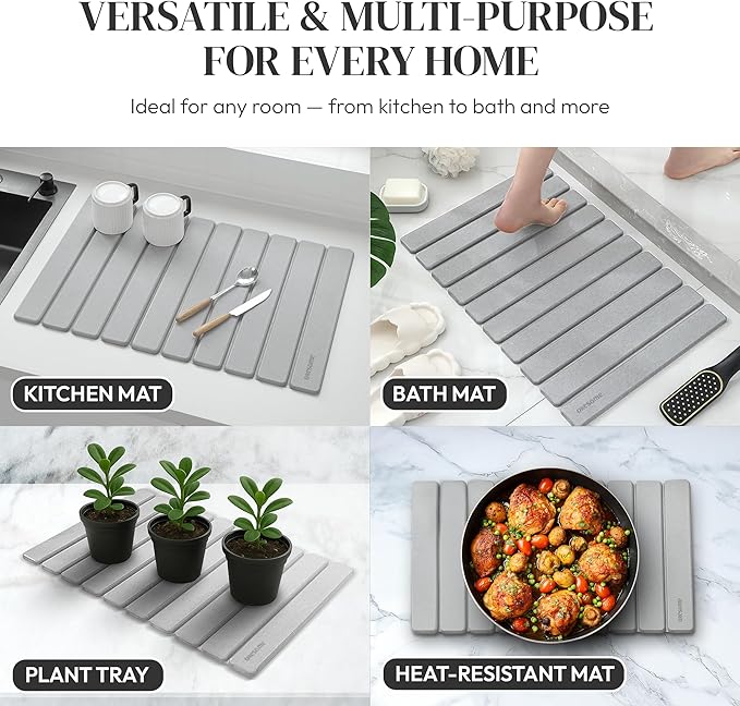 Large Stone Drying Mat for Kitchen Counter, Ultra-Absorbent & Quick Drying, Foldable Diatomaceous Earth Dish Drying Mat, Durable & Non-slip Stone Dish Drying Mat for Dishes & Utensils, 24"×16"