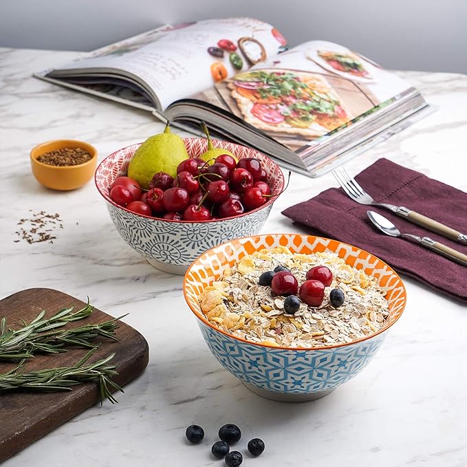 Selamica 7 inches Porcelain Cereal Bowl Set - Set of 6, Ceramic bowls, Soup Bowl Set for Cereal, Soup, Salad and Pasta, Assorted Colors