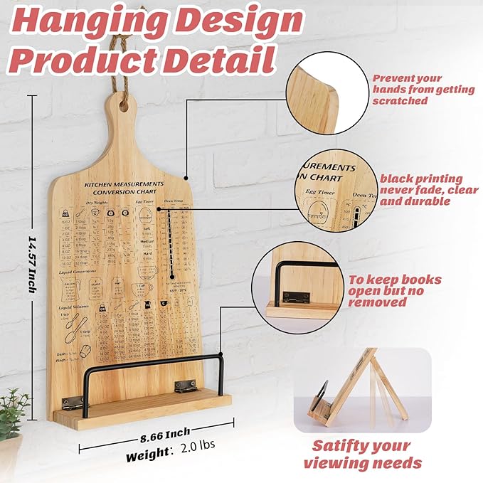 Kitchen Conversion Chart Cookbook Stand, Sturdy Wood Cook Book Holder, Recipe Cookbook Holder Stand with Kitchen Counters, Baking Christmas Gifts for Women, Accessiores for Holding Cookbooks