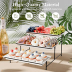 3-Tier Melamine Serving Tray Set, 14"x7" Platters for Serving Food, White Reusable Trays with Black Metal Display Stand for Cupcakes, Sevring Food, Dessert, Fruit, Cookie, Black