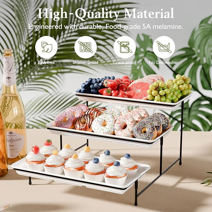 3-Tier Melamine Serving Tray Set, 14"x7" Platters for Serving Food, White Reusable Trays with Black Metal Display Stand for Cupcakes, Sevring Food, Dessert, Fruit, Cookie, Black