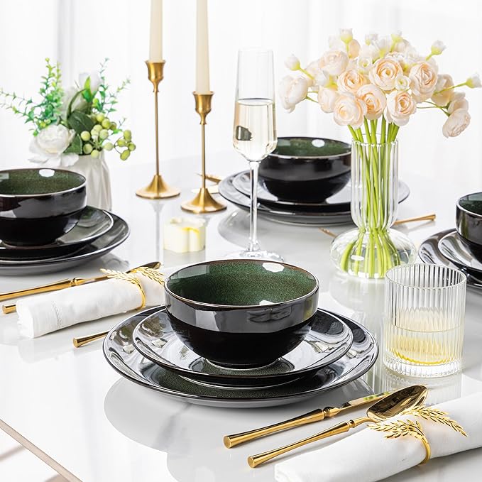 LERATIO Ceramic Dinner Plates Set of 6, 10.5 Inch Handmade Reactive Glaze Porcelain Plates, Coupe Shape Dinnerware Dishes Set for Kitchen,Oven& Microwave & Dishwasher Safe, Scratch Resistant-Green