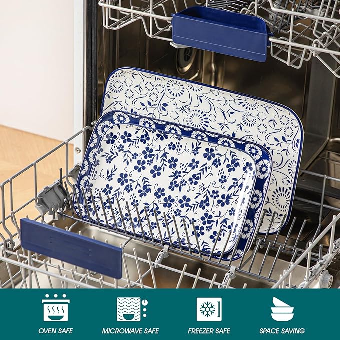 vancasso Serving Platters Set of 3, 16"/14"/12" Inch Rectangular Trays - Serving Platter Extra Large, Ceramic Serving Dish Microwave & Dishwasher Safe (Vintage Blue B)