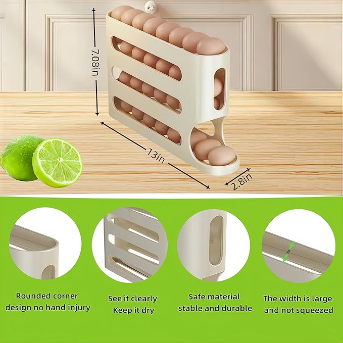 Egg Holder for Fridge, Egg container for refrigerator, Space-Saving Automatic Rolling Eggs Dispenser, 4 Tiers Fridge Egg Rack for Refrigerator Holds up to 30 pcs