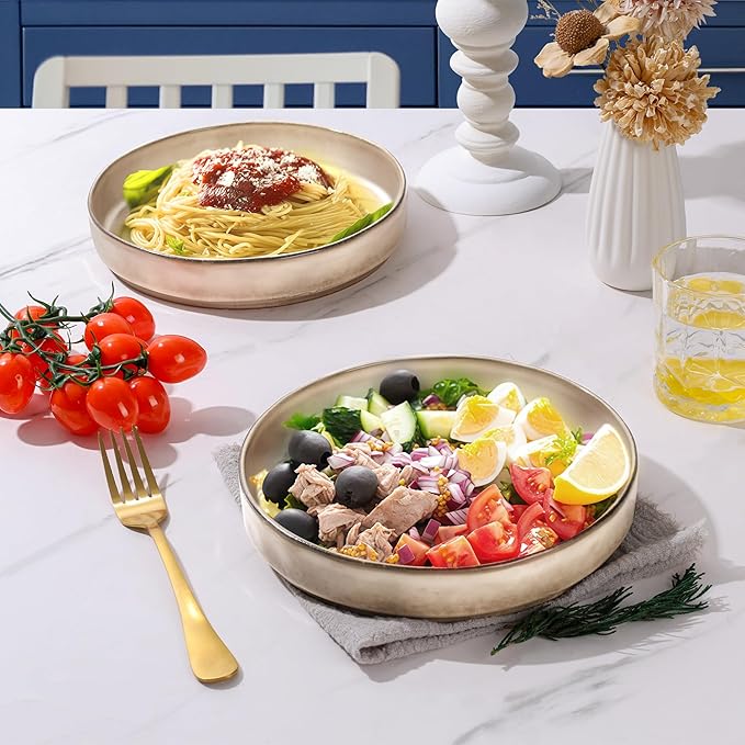 E-far Pasta Bowls Set of 4, 30oz Shallow Salad Bowls for Dinner Serving, 8.25" Stoneware Ceramic Bowl Plates for Noodle Soup, Microwave & Dishwasher Safe, Reactive Glaze, Khaki