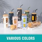 Glass Tumbler with Lid and Straw, 46 oz Iced Coffee Cup with Handle, Large Water Bottles with Silicone Sleeve, Glass Cup with Straws - Pearl Straw & Drinking Straw BPA Free-White