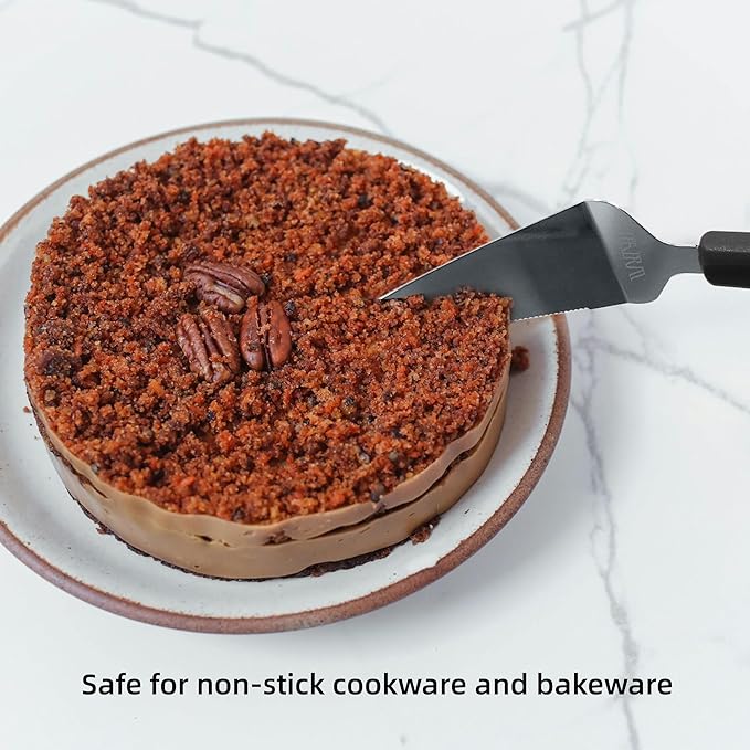 Premium Black Pie Server Spatula Set - Stainless Steel Smooth & Serrated Cake, Pizza & Dessert Cutter Knife | Right/Left Handed Friendly Kitchen Utensil
