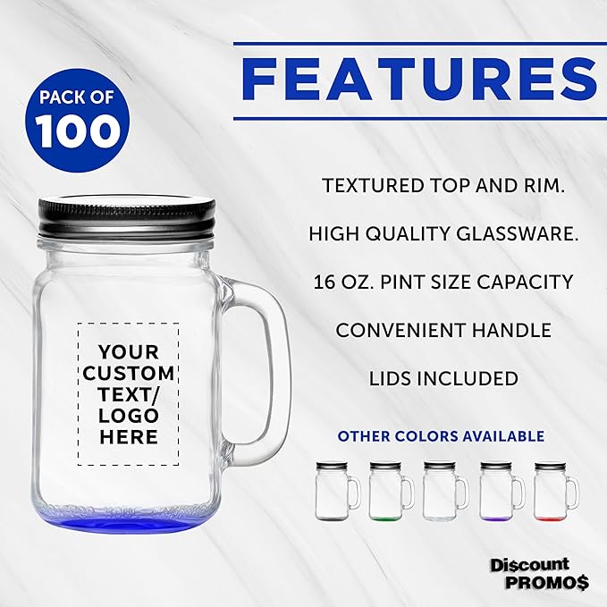 DISCOUNT PROMOS Custom Libbey Handle Mason Jars w/Lids 16 oz. Set of 100, Personalized Bulk Pack - Traditional style, High standard - Blue