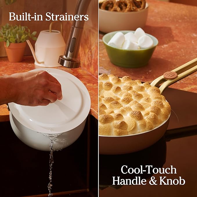 Our Place 8-Piece Essentials Complete Cookware Set - Ceramic Fry Pan Trio & Modular Rack Storage | Nontoxic Thermakind™ Nonstick, Oven Safe up to 450°F & Compatible with All Cooktops | Terracotta