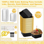 100 Pack Mini Cake Pans with Lids and Spoons, 5oz Square Aluminum Foil Loaf Pans Black Gold Small Cake Tins Disposable Baking Pans Dessert Cupcake Cups with Ribbon for Wedding Birthday Party Picnics
