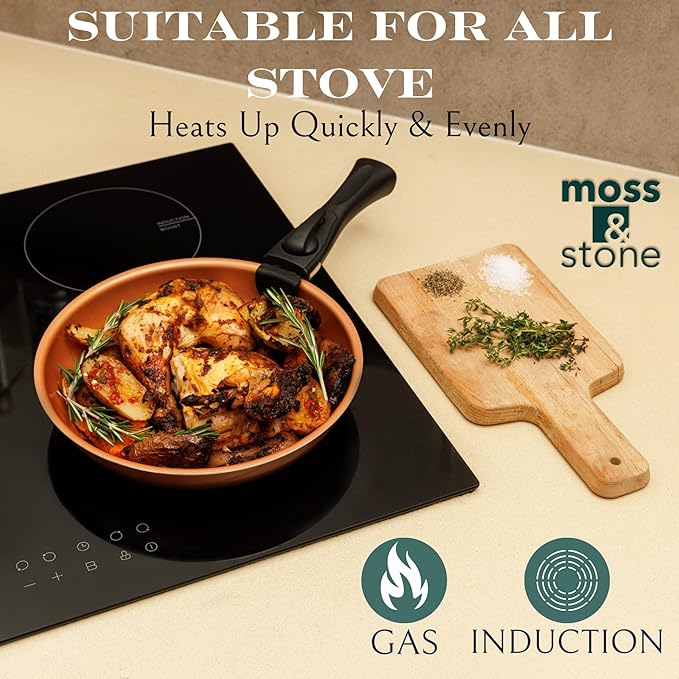 Moss & Stone Copper Pots And Pans Set Nonstick, Removable Handle Cookware, Stackable Pots And Pans Set, Dishwasher safe, Induction Pots And Pans, Camping Cookware Set, Aluminum (7 Pcs)