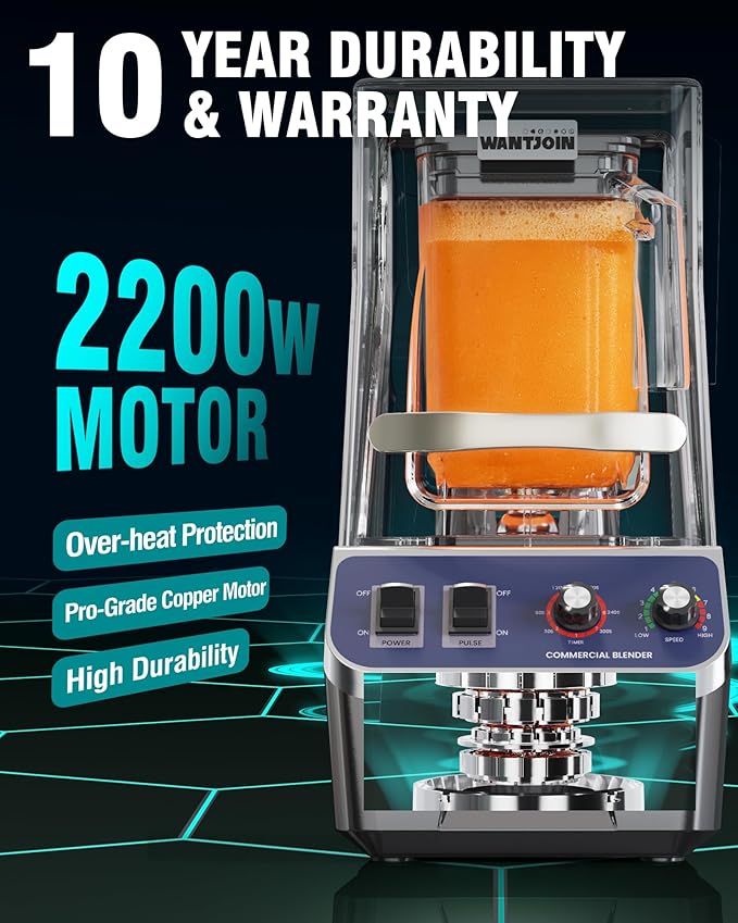 WantJoin Commercial Blender For Smoothies - 68Oz Professional Quiet Smoothie Blender with Shield, 2200W Upgraded Motor, 9 Speeds, 1-660s Timer, Blenders for Frozen Drinks Juice,Dishwasher Safe