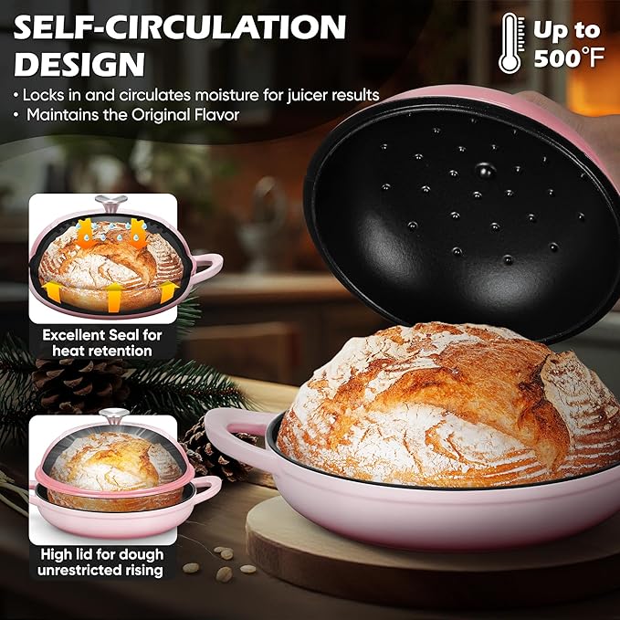 Bread Oven for Sourdough (5.5 QT), Joyfair Enamaled Cast Iron Bread Dutch Oven with Lid, Sourdough Bread Baking Pan with Heavy Duty Dual Handles, Non-Stick & Even Cooking, Oven-safe up to 500°F, Pink