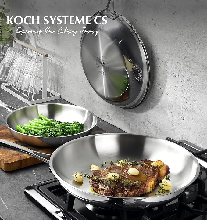 KOCH SYSTEME CS Stainless Steel Pan 8 Inch, Tri-Ply Stainless Steel Frying Pan with Stay-Cool Handle, Oven Safe, Non-Toxic Staninless Steel Skillet, Omelette Pan, Fast & Even Heat Induction Compatible