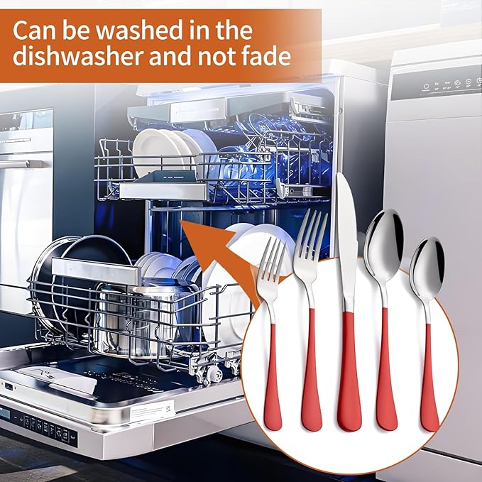 20 Piece Red 18/0 Flatware Utensil Set for 4, Include Dinner Knife,Dinner Forks,Dinner Spoons,Salad Forks,Teaspoons,Silverware Set for 4, Dishwasher Safe