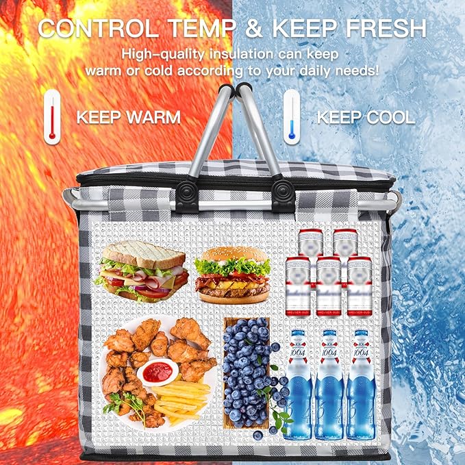 Insulated Picnic Basket,40L Leak-Proof Cooler Bag,Grocery Basket with Lid,2 Sturdy Handles,Storage Basket for Picnic, Picnic Basket for 4 Persons (Black Grid)