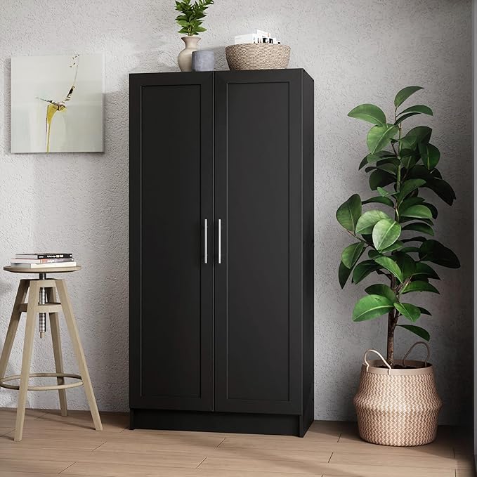 Prepac Elite Accent Cabinet with Panel Doors, Black Storage Cabinet, Bathroom Storage, Pantry Cabinet with 3 Shelves 16.75" D x 32" W x 65" H