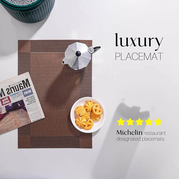 LEXMORE Placemats Set of 8 Vinyl/Plastic Woven Place Mats for Kitchen Table Indoor/Outdoor Washable Placemat Wipeable Dining Table Mats(Brown Cube)