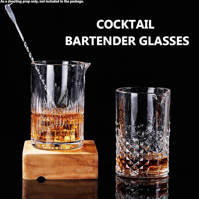 2 Pcs Cocktail Mixing,Crystal Glass Engraved Cocktail Stirring Glasses,24oz Drink Stirring,Thick Weighted Bottom,Professional Bartender's Mixer Glasses,Bar Tools.
