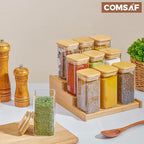 ComSaf 12Pcs Glass Spice Jars with Bamboo Lid, 10oz Airtight Square Containers with 275 Black Lables, Empty Seasoning Jars for Spice Salt Sugar