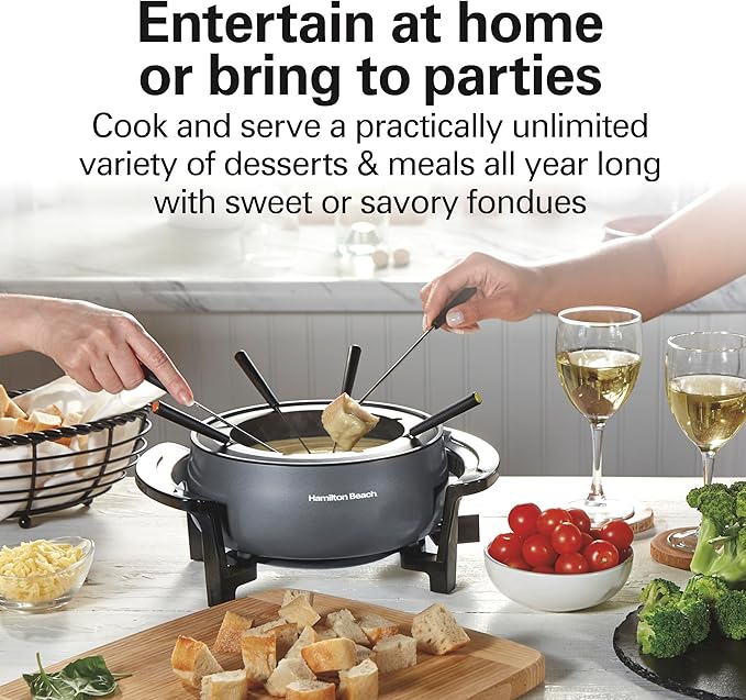 Hamilton Beach 12 Cup Electric Fondue Pot Set with Temperature Control, 6-Color Coded Forks, for Cheese, Chocolate, Hot Oil, Broth, 3 Quart PFAS-Free Nonstick Interior, Gray (86202)