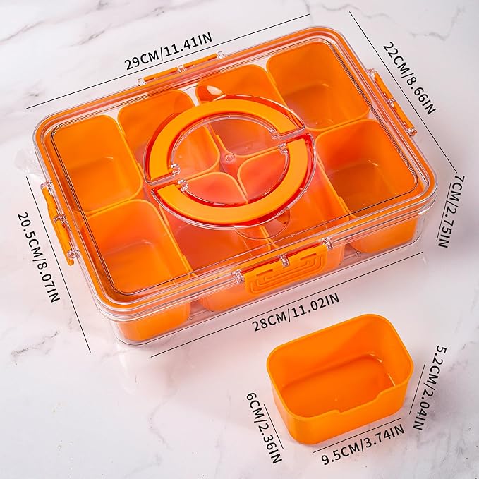 Divided Snack Serving Tray with Lid and Handle Travel Snackle Charcuterie Container Portable Storage Organizer for Candy, Fruits, Nuts, Snacks, Party, Picnic (1pack, Orange)